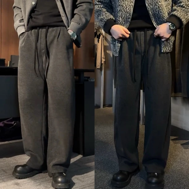 冬季潮牌加绒星空纹阔腿休闲裤男极简风撞色拼接百搭宽松直筒卫裤