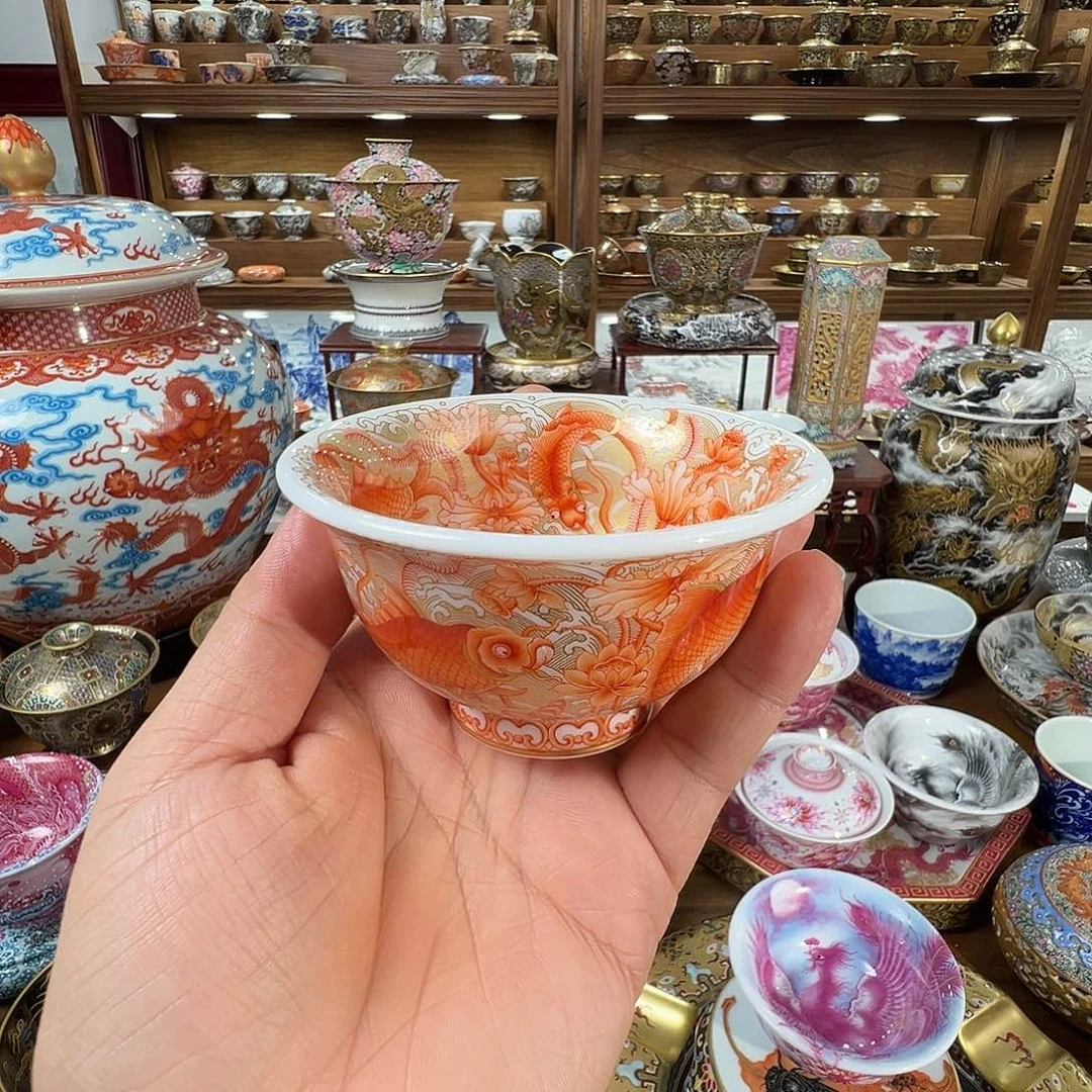 某林堂平替矾红九鱼描金压手杯