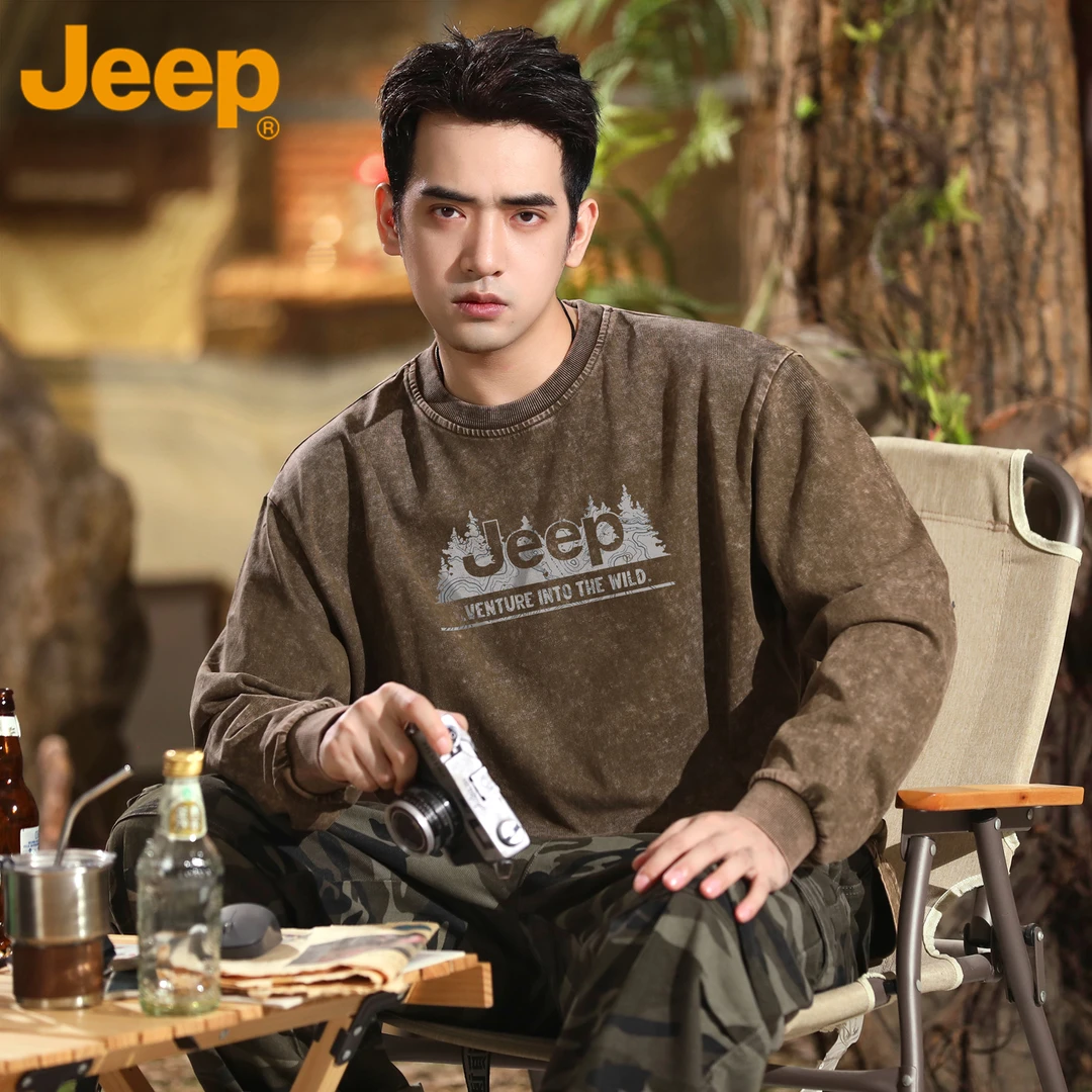 JEEP/吉普全棉重磅长袖t恤男春秋季2025新款水洗潮牌宽松体恤上衣