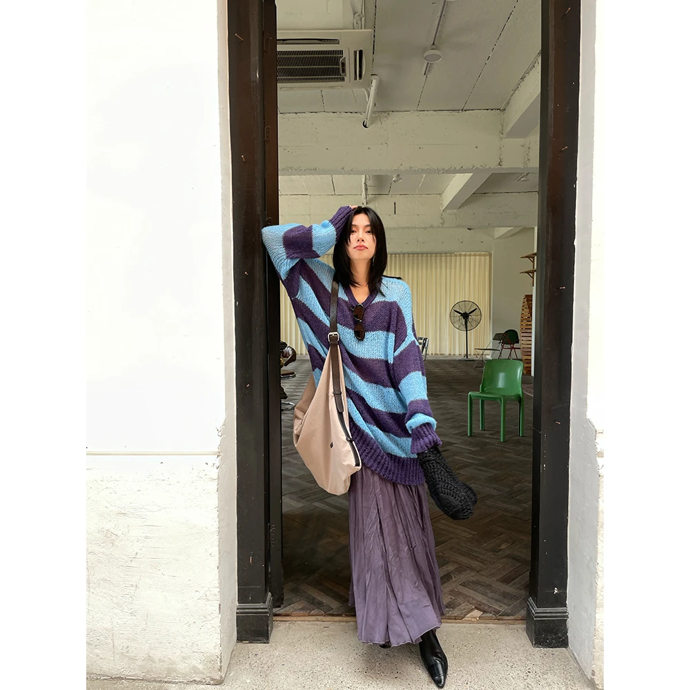 JCCC【薰衣草海洋】蓝紫条纹BF风oversize羊毛针织套头毛衣JE5BZS15