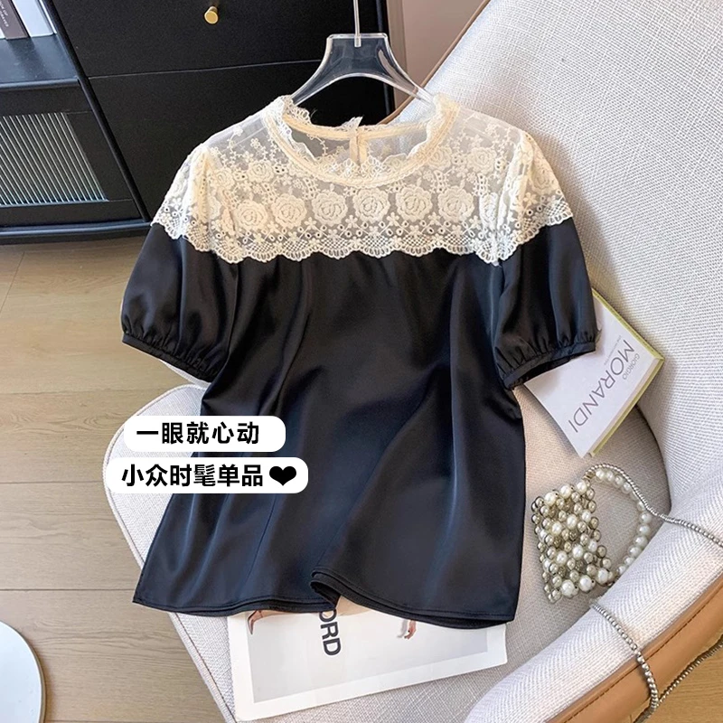 蕾丝拼接高级感醋酸缎面短袖衬衫女夏季新款大码胖mm法式轻奢上衣