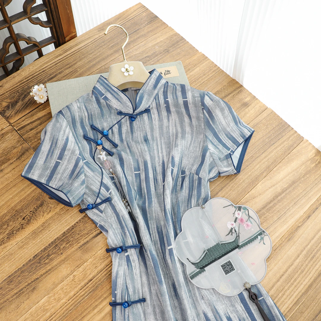 俏娘鱼蓝色复古新中式改良条纹旗袍女2025夏季新款日常可穿老上海