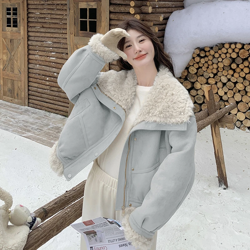 羊羔毛蓝色皮毛一体羊羔毛外套女冬季2025新款大翻领洋气学院风