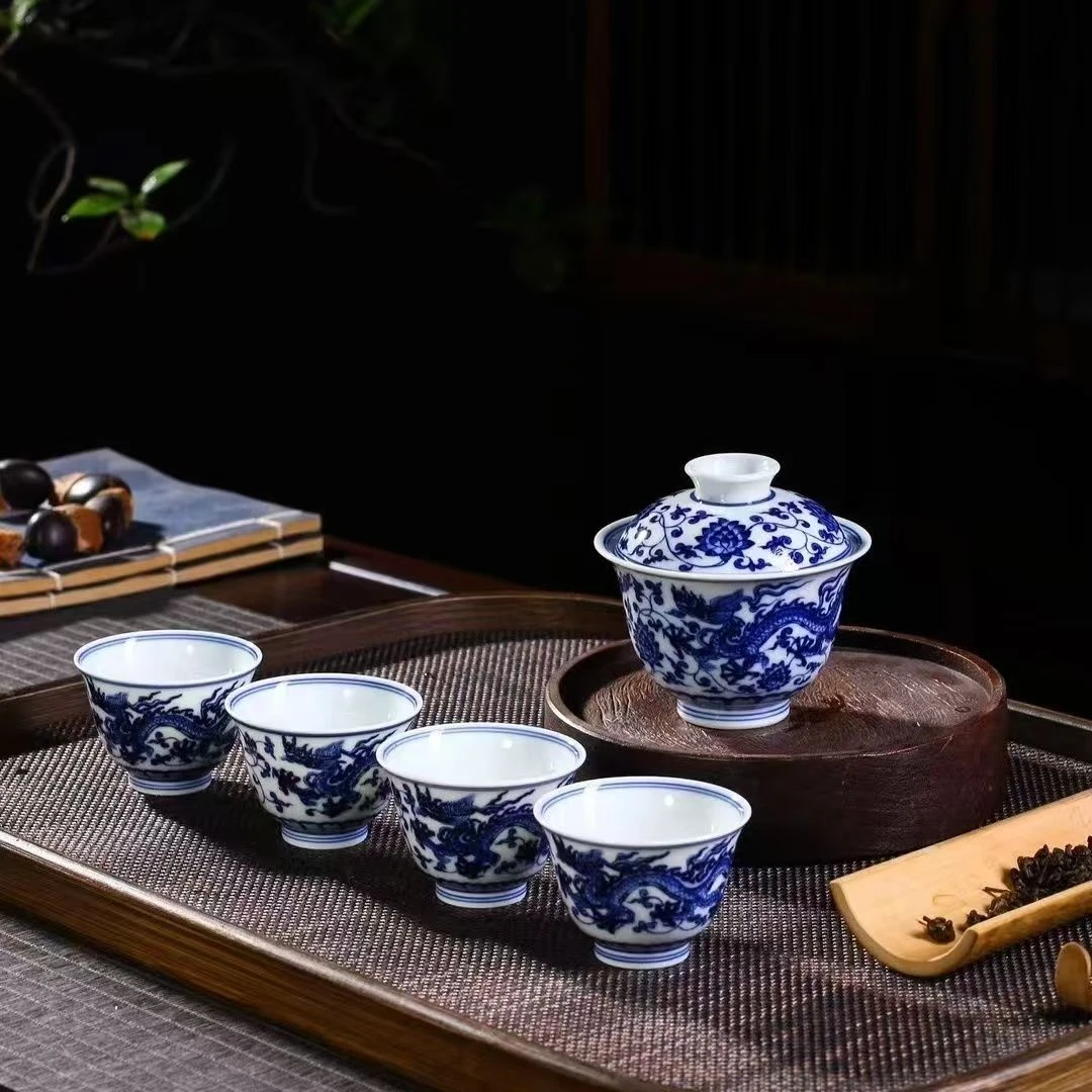 景德镇纯手工手绘精品小套组 缠枝双龙