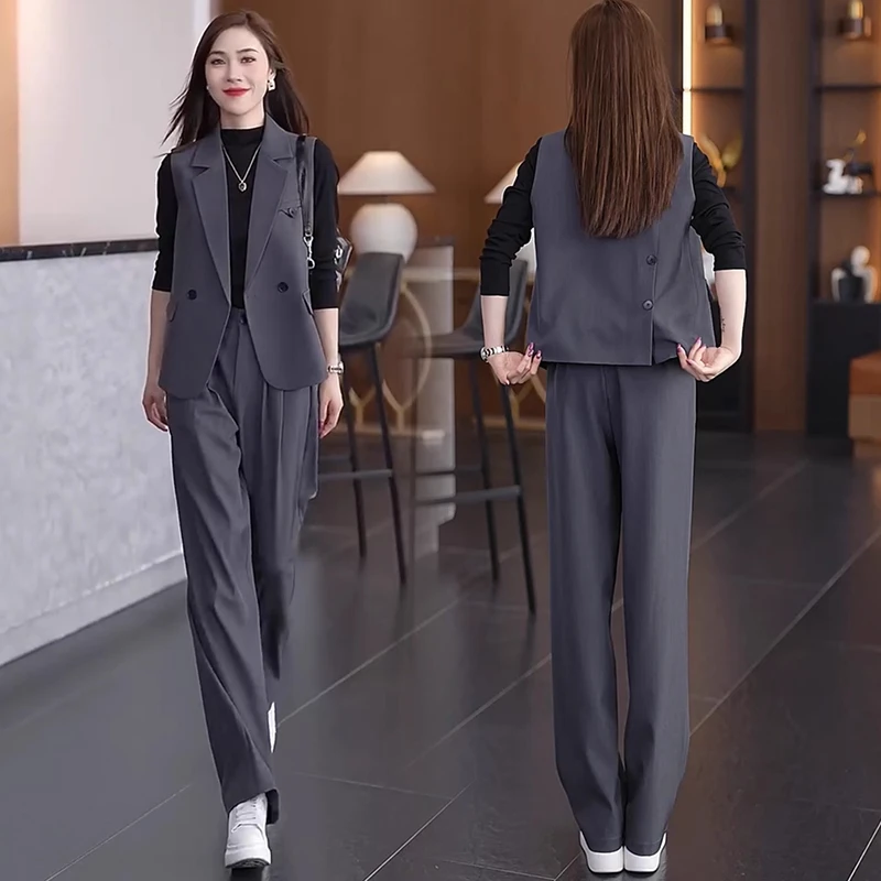 时尚套装女2025春秋新款洋气西装马甲打底衫阔腿裤气质显瘦三件套