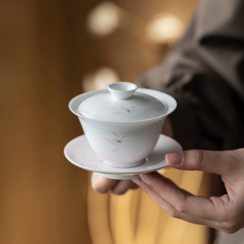 白瓷纯手绘兰花三才盖碗不烫手精致家用泡茶碗茶杯高档陶瓷茶具