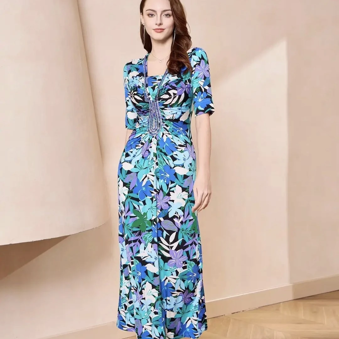 高端轻奢显瘦复古艺术印花气质女人味连身裙