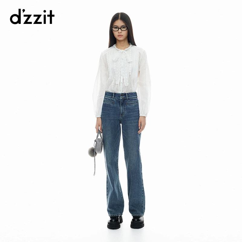 【专属】dzzit地素牛仔裤春秋高街两粒扣设计高腰棉质直筒裤女