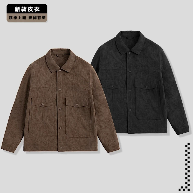 【新款翻领皮衣】男士潮流复古舒适百搭纯色翻领皮衣工装款休闲夹克