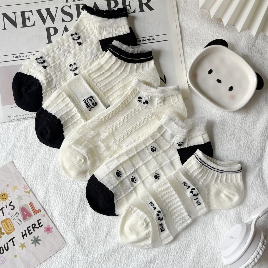女士夏季薄款透气花边百搭黑白熊猫短袜薄棉舒适吸汗船袜短袜