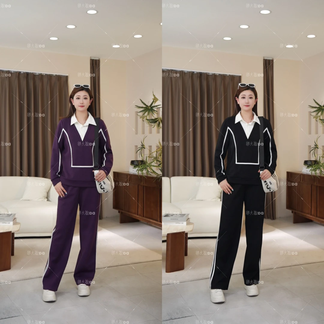 【秋款上新】PDM22529+22530秋季新款假两件撞色翻领大码女装套装