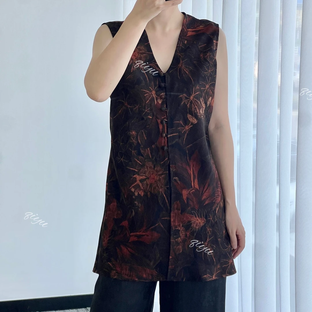 祈羽香云纱100桑蚕丝 黑桔花丛无袖背心上衣长款包扣花罗