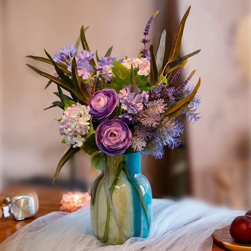 海虹景品假花仿真花摆设高级感逼真花艺紫色绣球花束法式餐桌摆件
