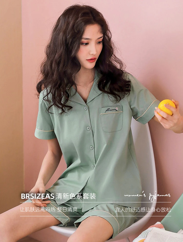 清仓夏季女士开衫睡衣女短袖短裤薄款棉家居服套装简约大码套装女