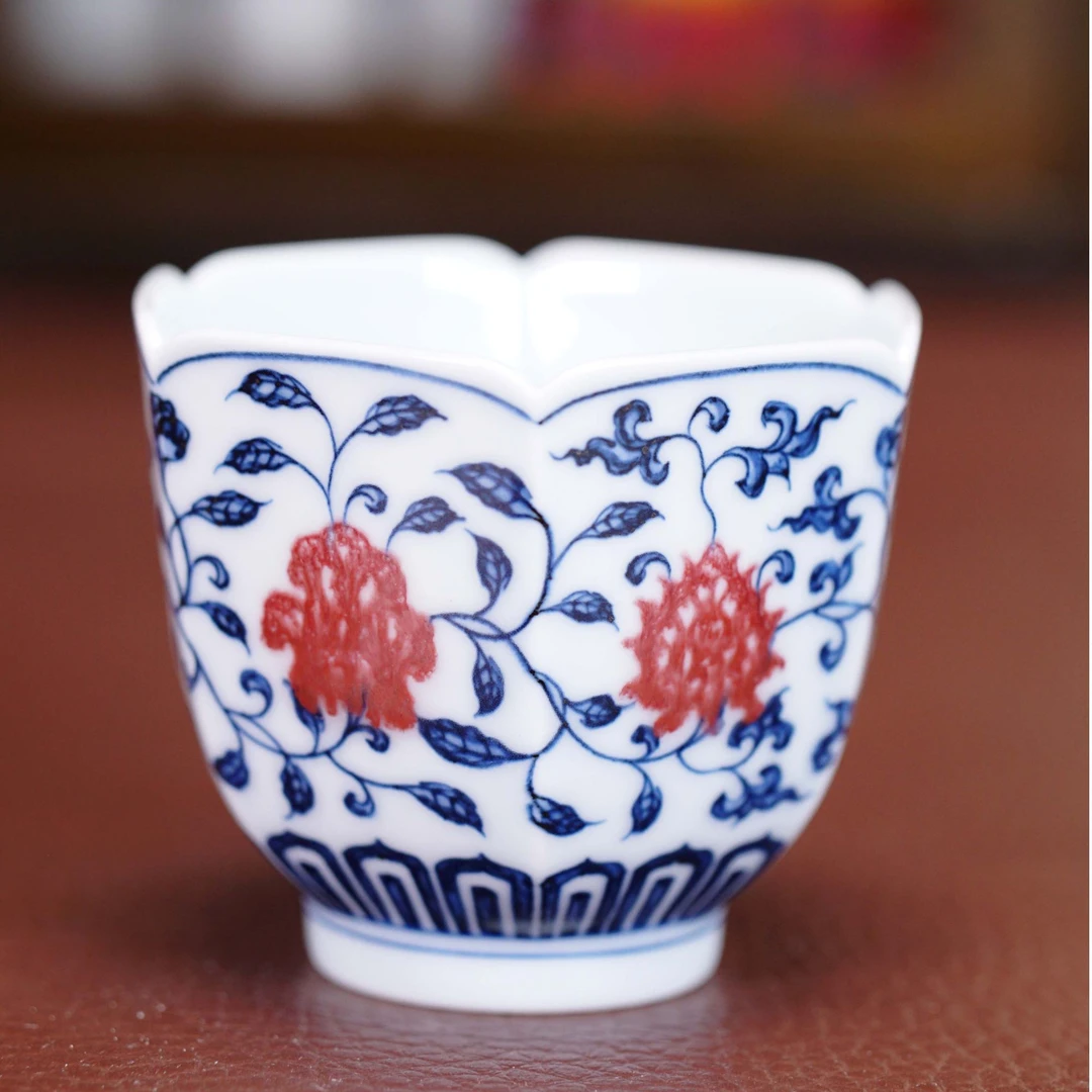 【阳春白雪】-青花有釉里红小六方四季花卉陶瓷杯