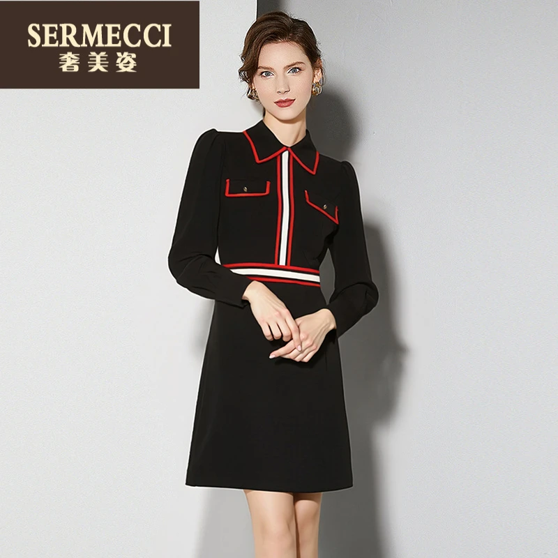 奢美姿时尚撞色通勤黑色长袖爆款女2025春秋新款收腰中长a字裙