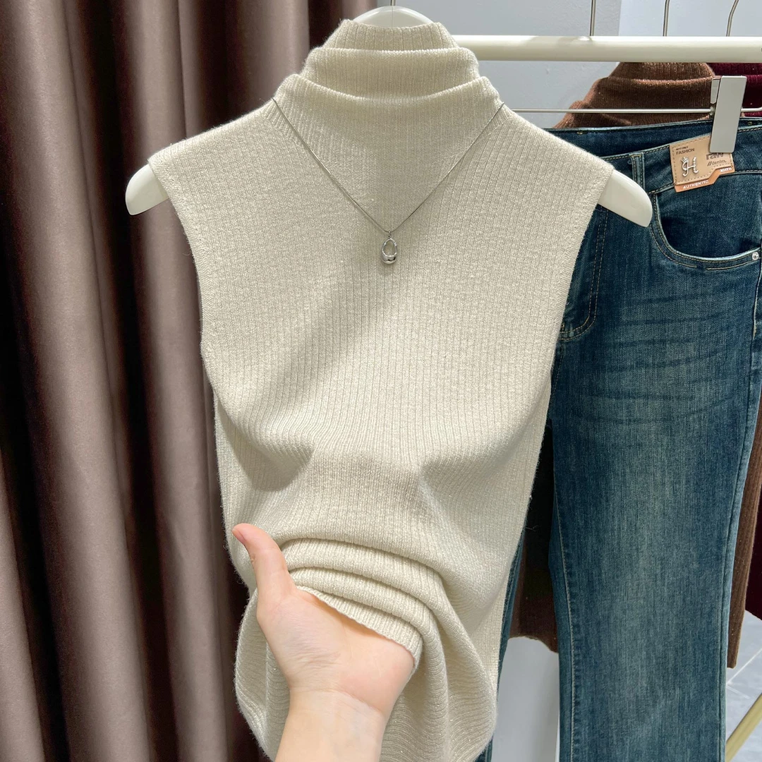 日常百搭时尚女装内搭T恤2025冬季新款纯色高领无袖修身打底小衫