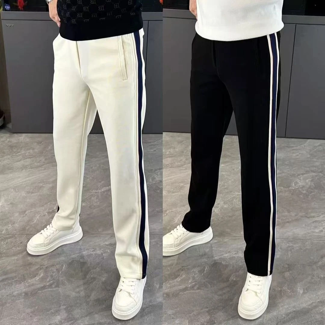 男士舒适宽松阔腿裤时尚条纹百搭欧货直筒裤男秋冬厚款加绒休闲裤