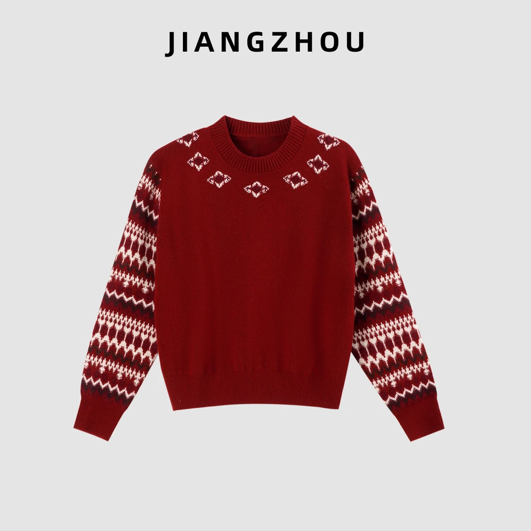 江洲【鸿福】秋冬新款新年红高质羊毛圆领柔软复古提花费尔岛毛衣