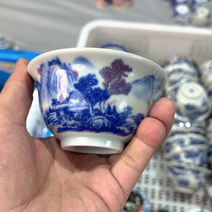 瓷片白青花富春山居图压手杯全品