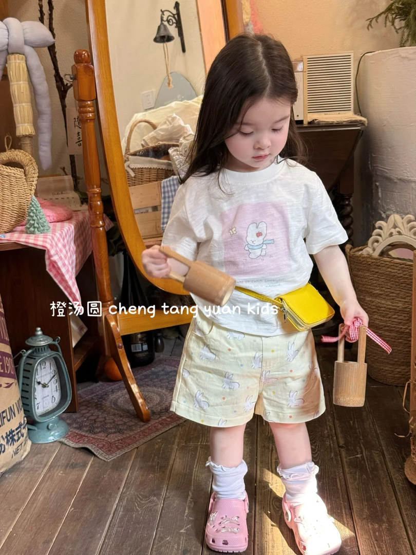 韩系高级感穿搭女童套装夏日卡通软萌兔子短袖新款洋气宝宝短裤