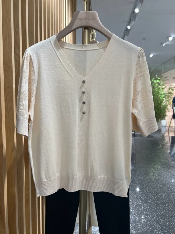 声雨竹1R793夏季薄款V领针织衫纯色简约镂空气质时尚百搭