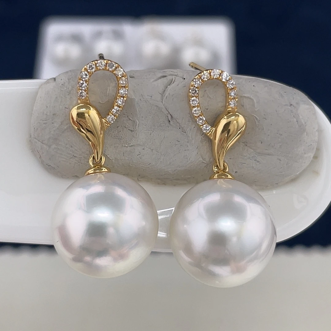 海水珍珠13-14澳白耳环18K金镶嵌