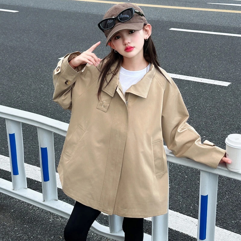 女童外套秋款2025新款韩版宽松时尚风衣休闲中大童中长款上衣秋季