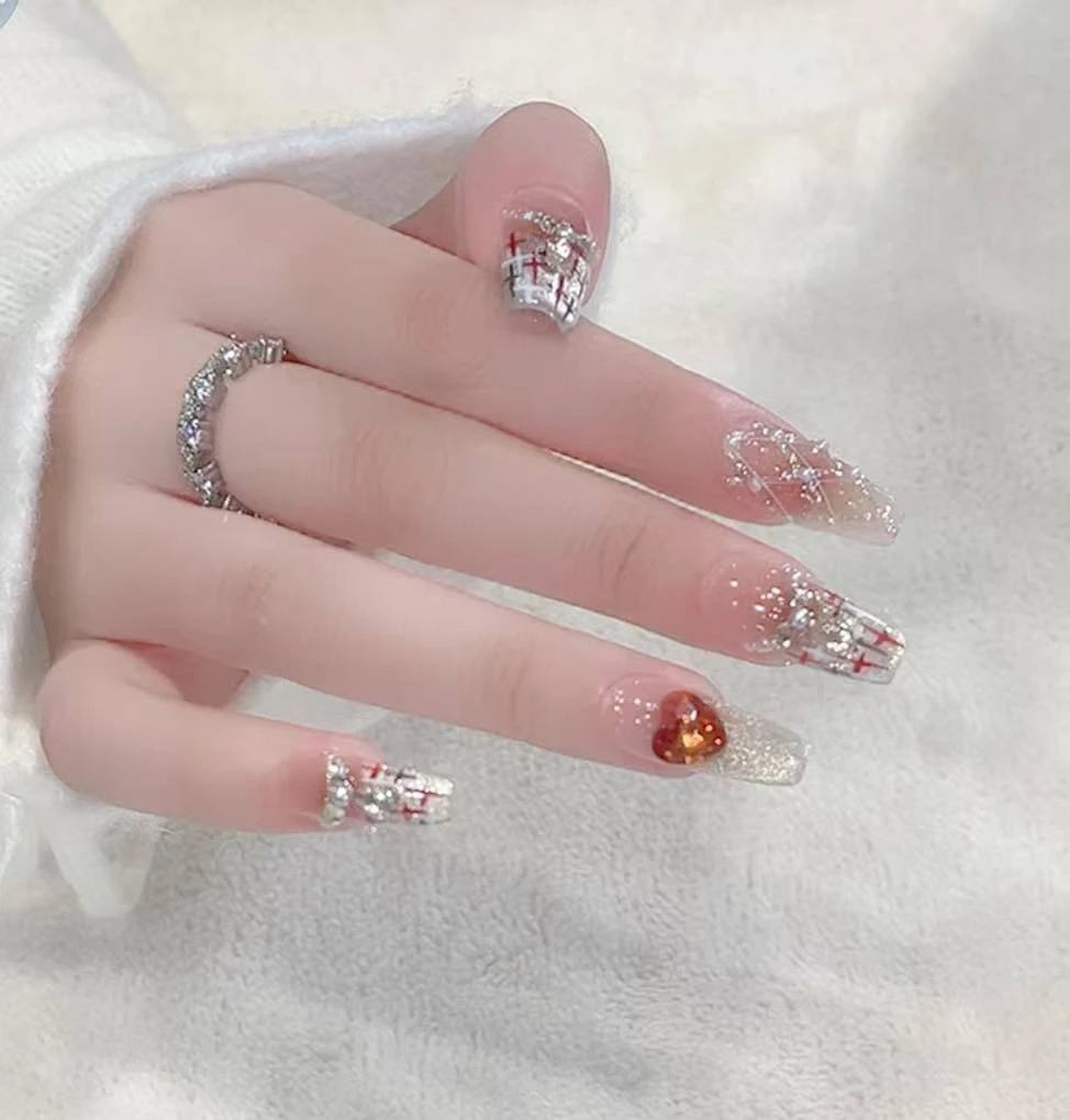 小香风格纹气质轻奢美甲店手工穿戴甲-可重复佩戴-10片