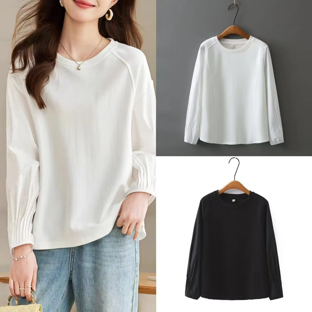 微胖大码女装春装新款圆领拼接褶皱显瘦上衣百搭长袖T恤