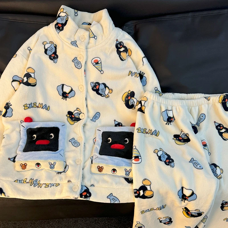 侘町2025新款机器人pingu法兰绒睡衣女秋冬款加绒加厚家居服冬季