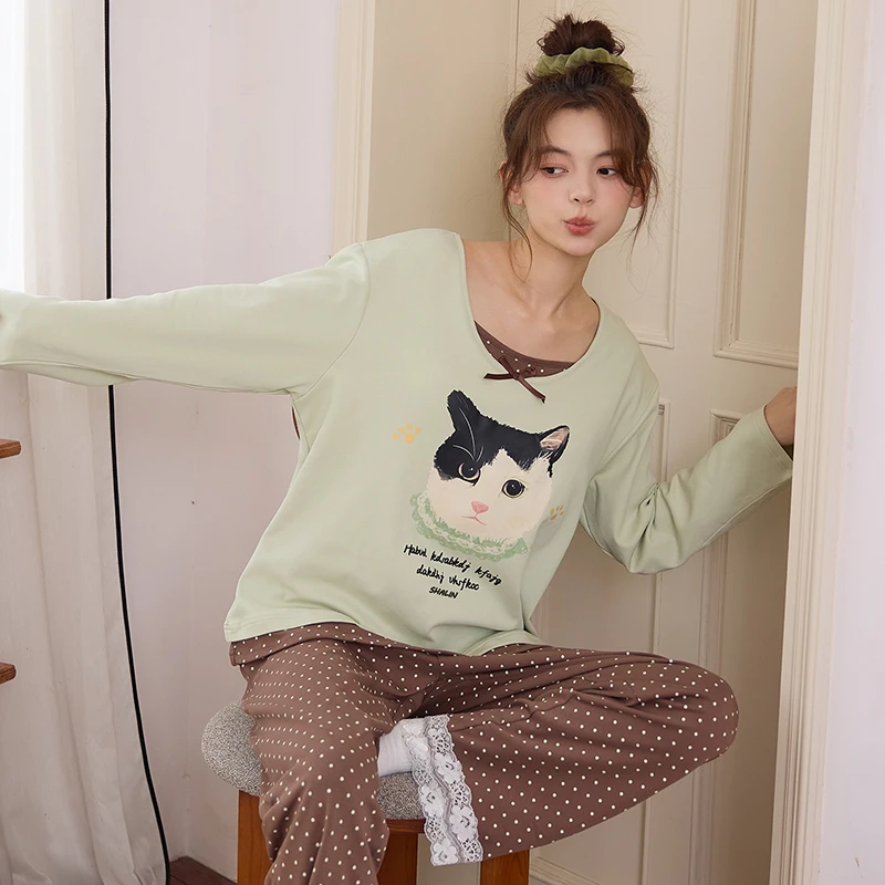 【带胸垫】花丛丽影秋季纯棉家居服女卡通波点花边休闲小清新睡衣