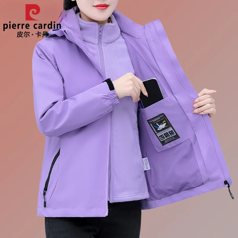 皮尔卡丹三合一冲锋衣外套女款2025新款时尚中老年摇粒绒加厚外套