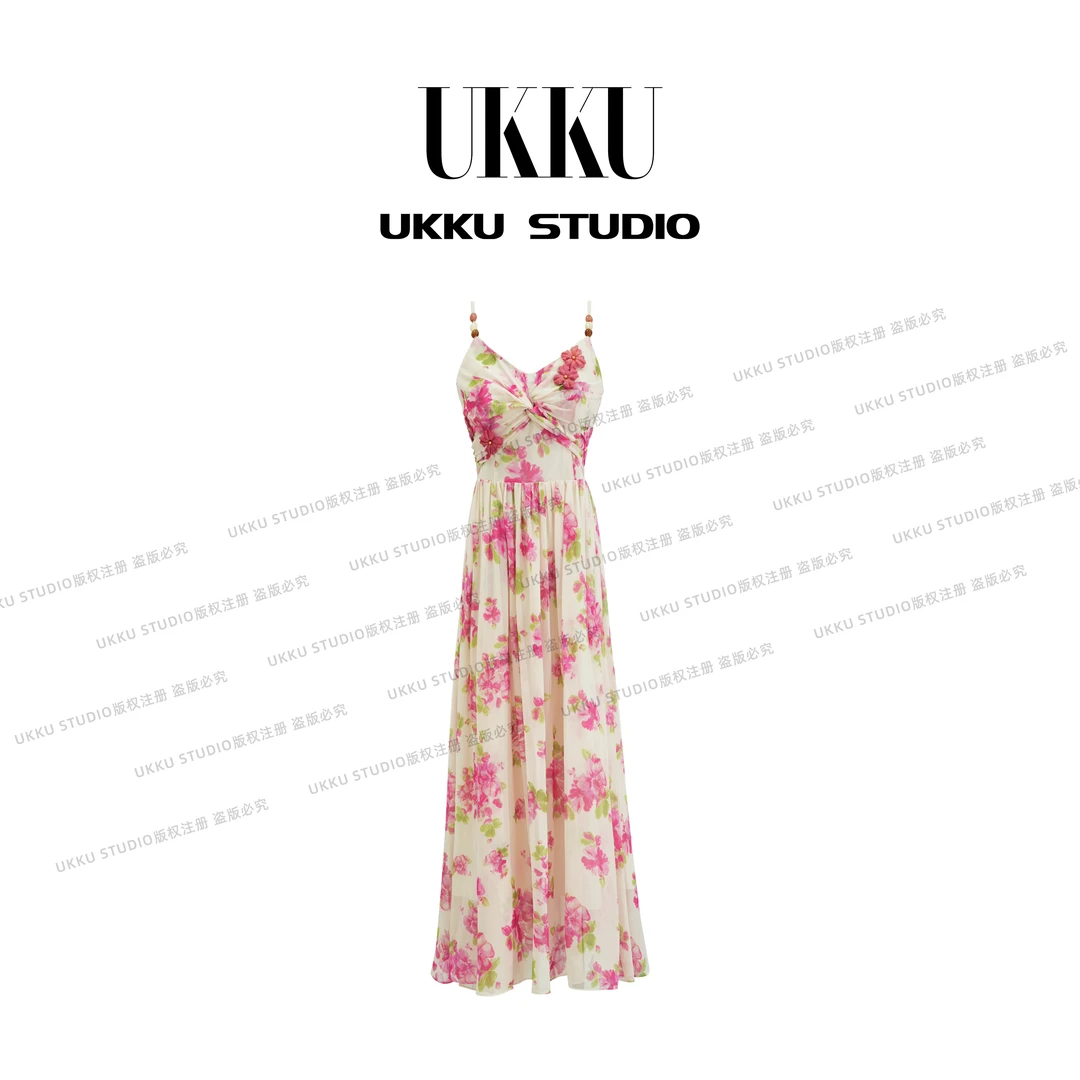 秀秀【UKKUSTUDIO】【粉色蔷薇】夏季时尚气质收腰吊带连衣裙914345