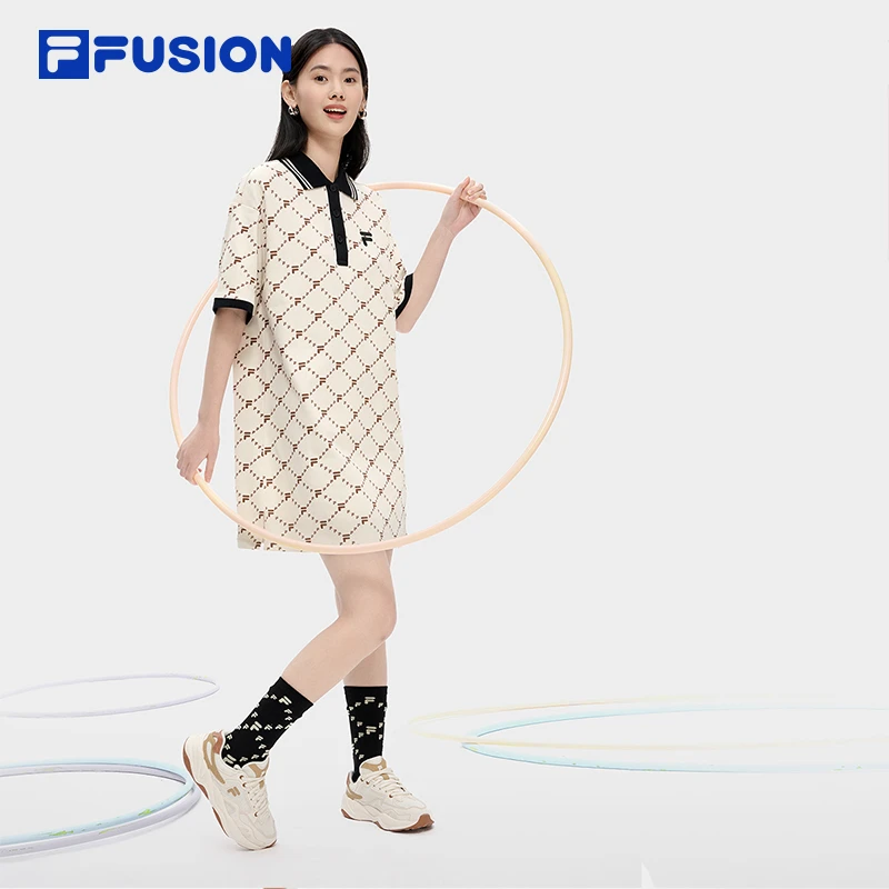 【满印老花】FILA斐乐官方女子POLO翻领时尚休闲宽松运动夏季连衣裙