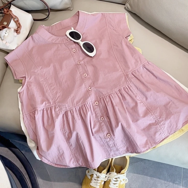 1208韩版时尚宽松圆领单排扣短袖纯棉2025衬衫女简约休闲显瘦上衣