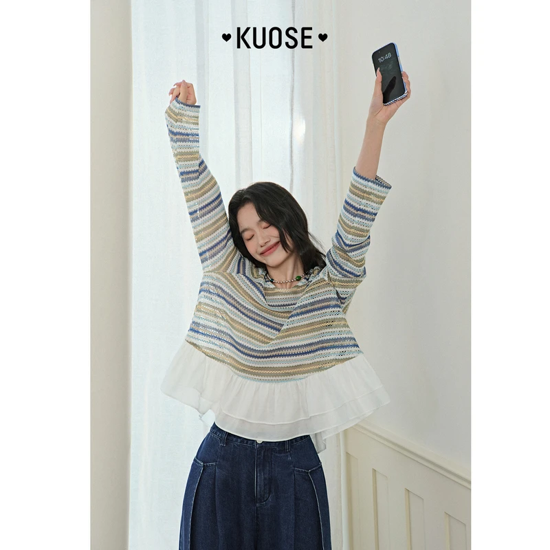 阔色条纹荷叶边长袖镂空衬衣衬衫25夏新慵懒风穿搭针织KSM2504007