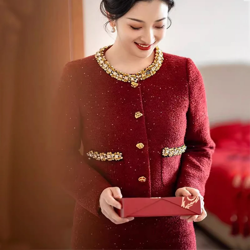 2025春秋季小香风套装女轻奢高级感减龄红色喜妈妈婚宴礼服两件套