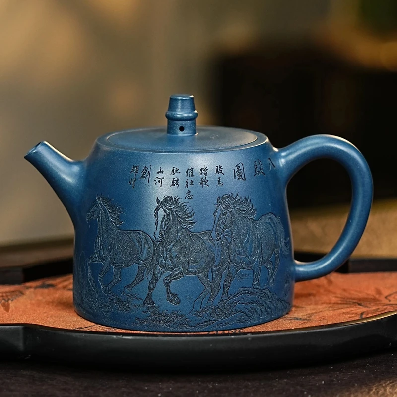 【2838汉铎壶】宜兴原矿紫砂手工刻绘八骏马图 汉铎壶