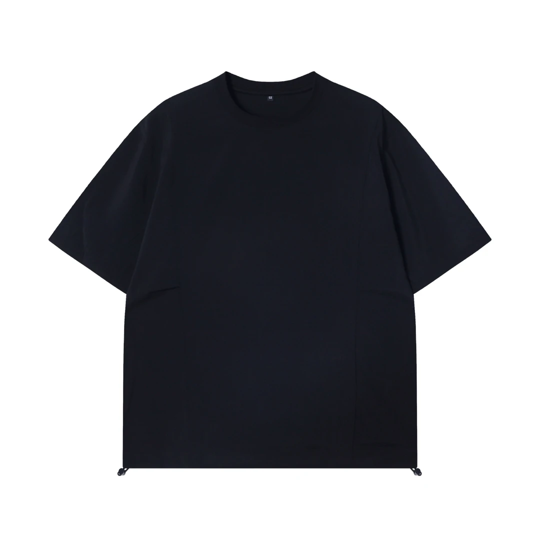 夏季高级感新款韩版纯色下摆松紧圆领短袖T恤时尚休闲情侣上衣