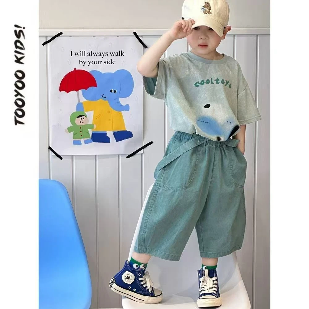 男童夏装套装2025新款印花T恤短袖可拆卸七分背带裤潮酷两件套