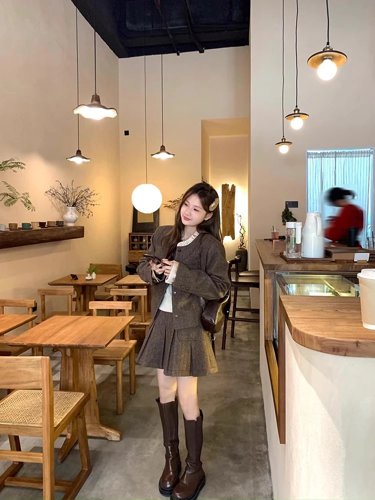 （下单备注编号）小香风外套女秋冬百褶半身裙两件套