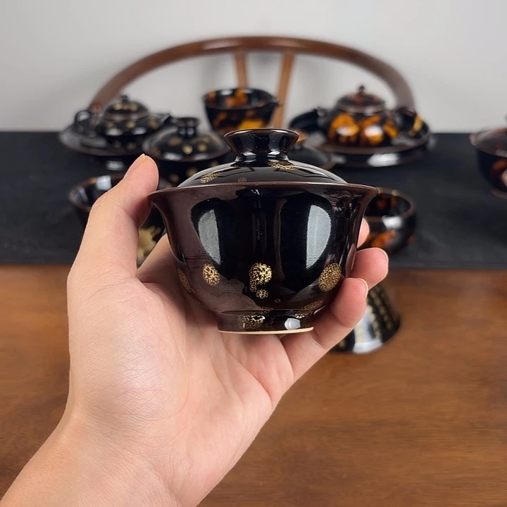 陶瓷点彩鹧鸪斑二才元宝盖碗