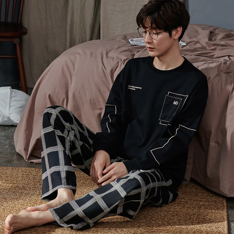 睡衣男士春秋季拉架棉长袖长裤套头家居服薄款透气运动休闲套装