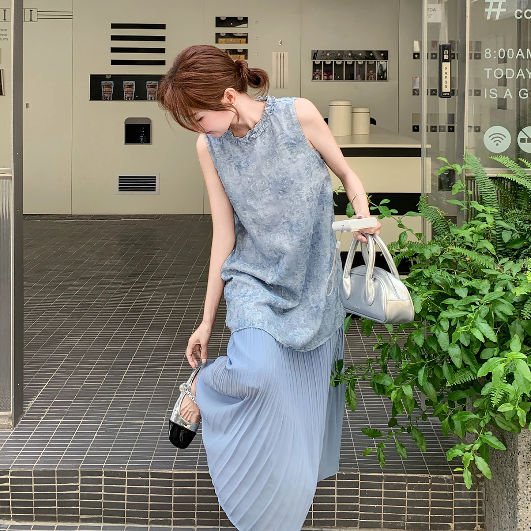 温柔度假风提花背心拼接连衣裙女2025夏季新款压褶假两件中长裙子