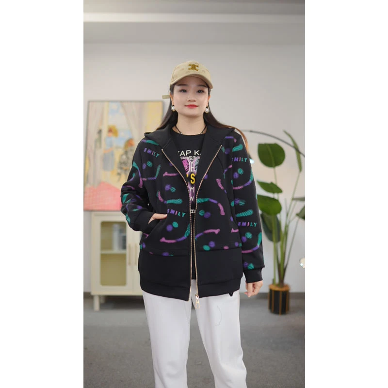 大码女装连帽短外套长袖秋季宽松型连帽卫衣