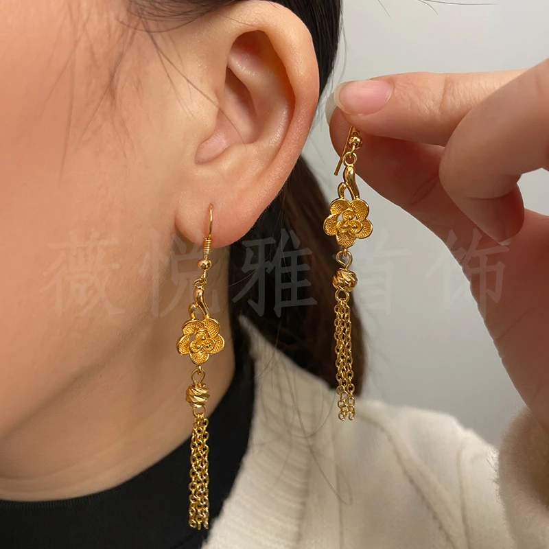30F耳钩花朵流苏耳环百搭金色简约气质耳坠 时尚耳饰