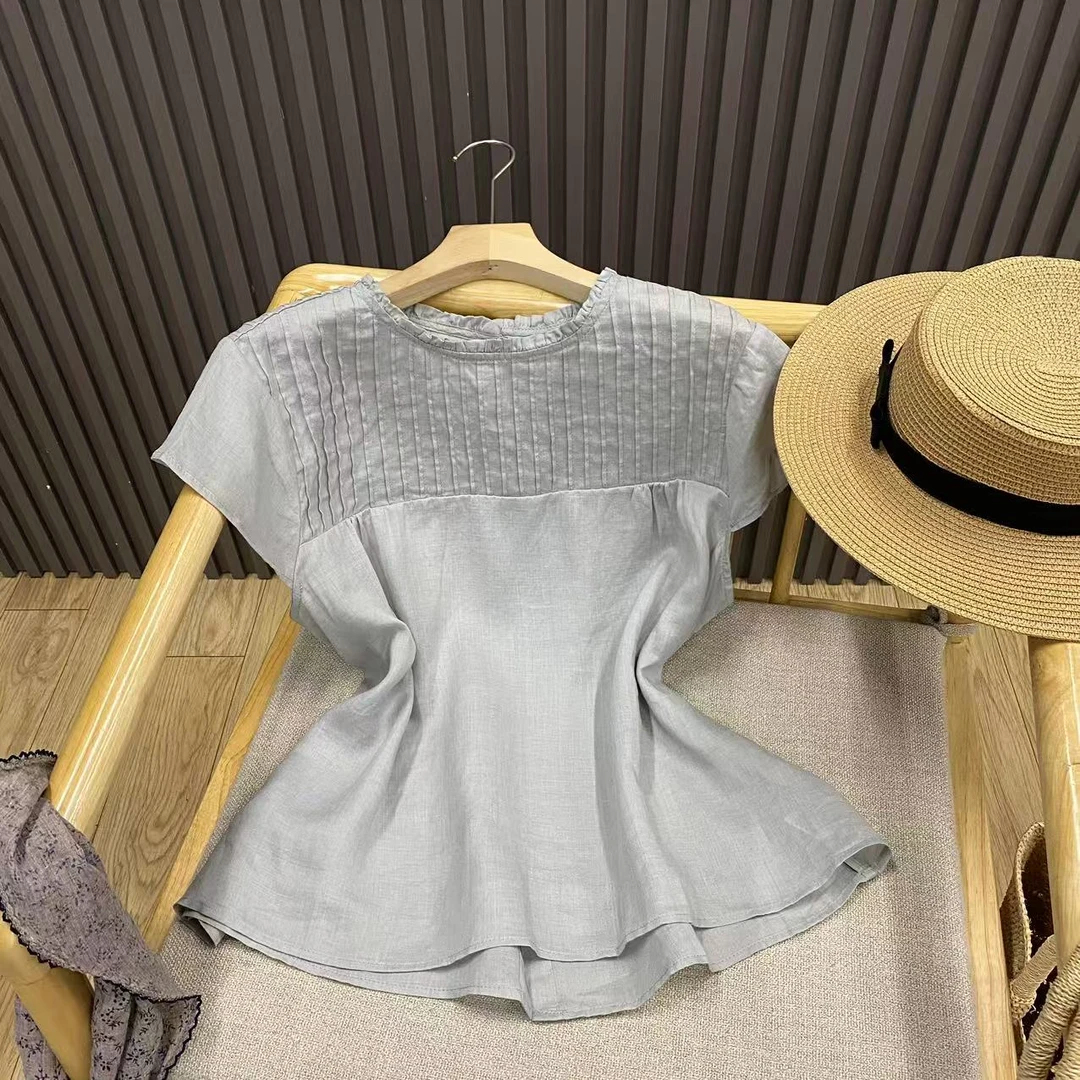 苎麻压褶短袖衬衫法式复古气质套头百搭别致薄款上衣女C88112