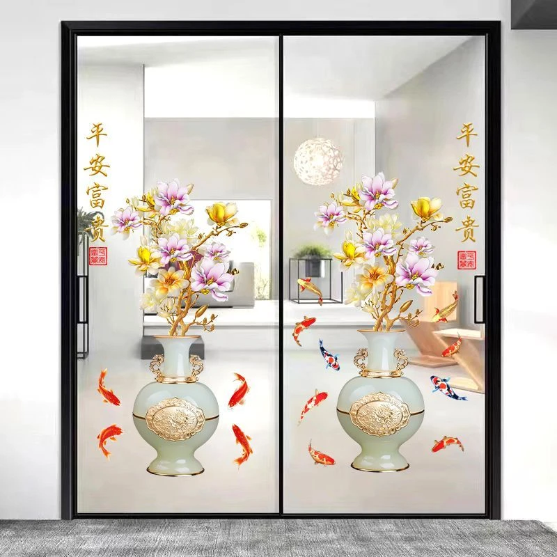 玻璃门贴纸移门厨房阳台中国风花瓶3d立体墙贴墙纸自粘uv防水贴画