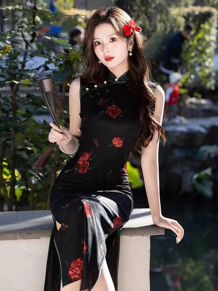 提花国风短款花色日常斜襟无袖朋克风复古风旗袍显瘦气质黑色优雅